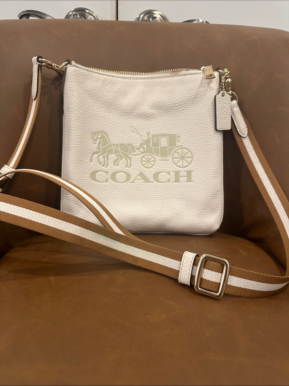 COACH White Pebble Leather Crossbody with Tan & White Stripe Strap